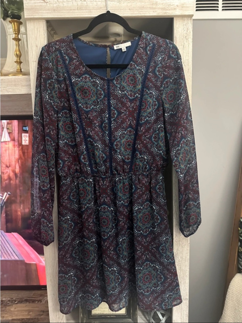 DR2 Burgundy and Teal Long-Sleeve Printed Dress